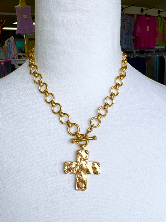 Matte Gold Hammered Cross Chain Necklace