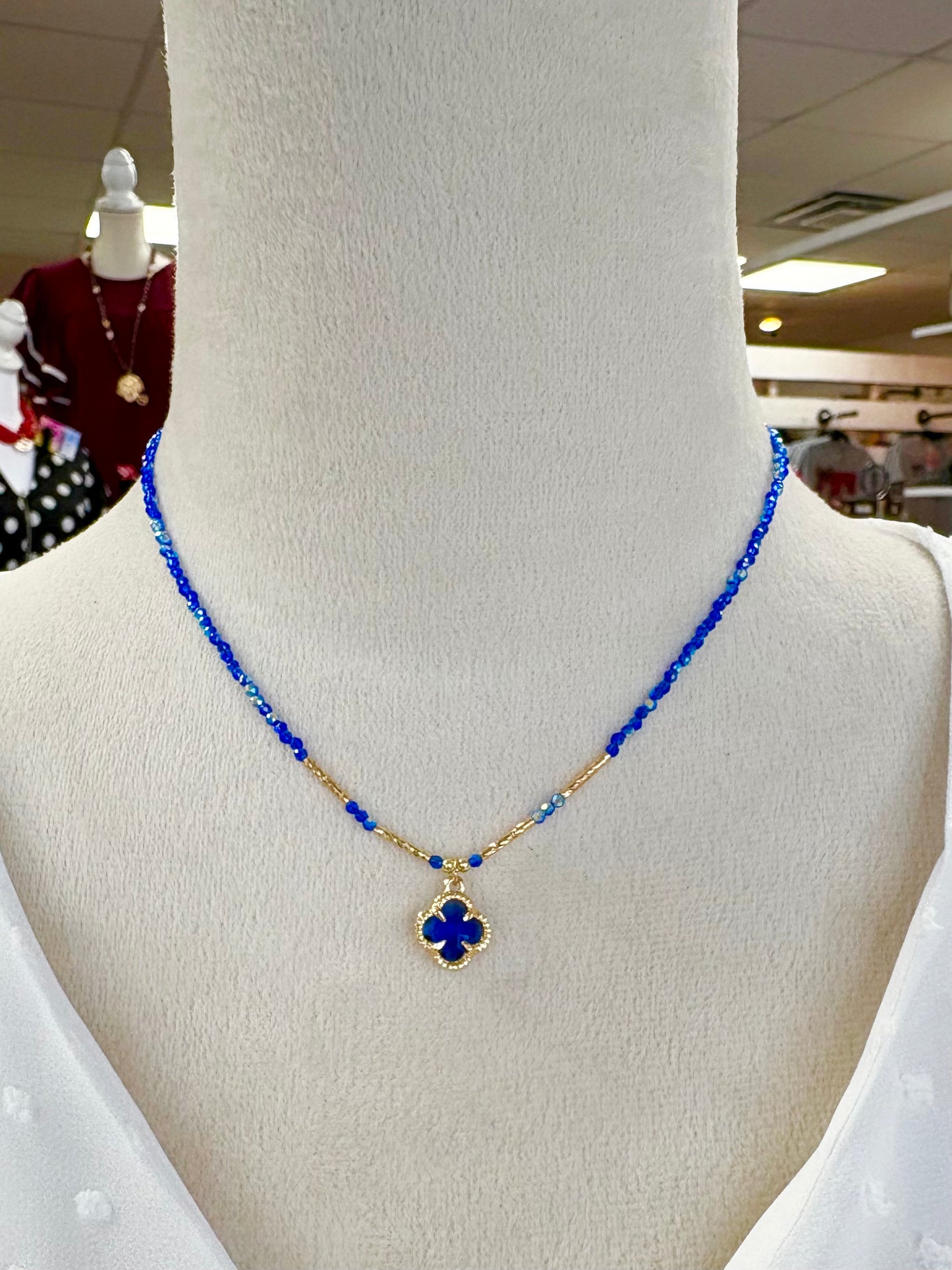 Beaded Royal Blue/Matte Gold Clover Necklace