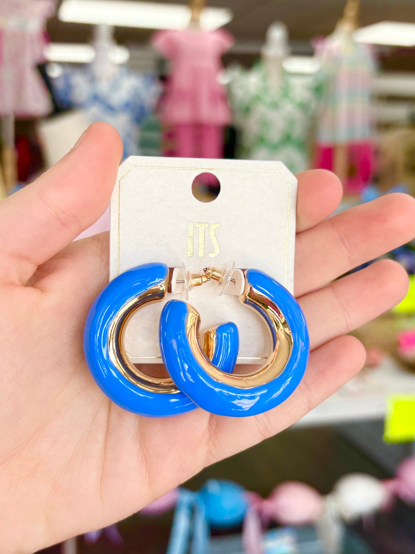 Gold Dark Blue Puffy Hoops