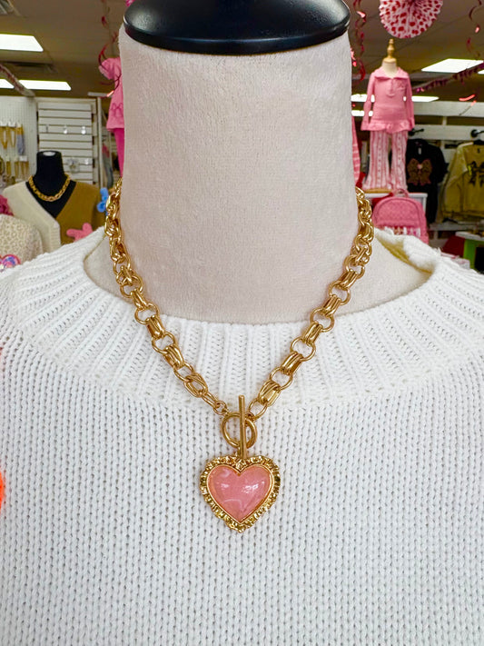 KK Pink Vintage Framed Heart Chain Necklace