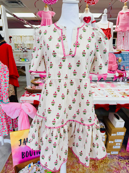 Striped Pink Trim Floral Short Dress