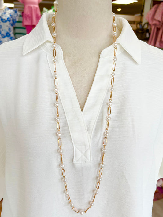 KK Long Pearl & Gold Link Chain Necklace