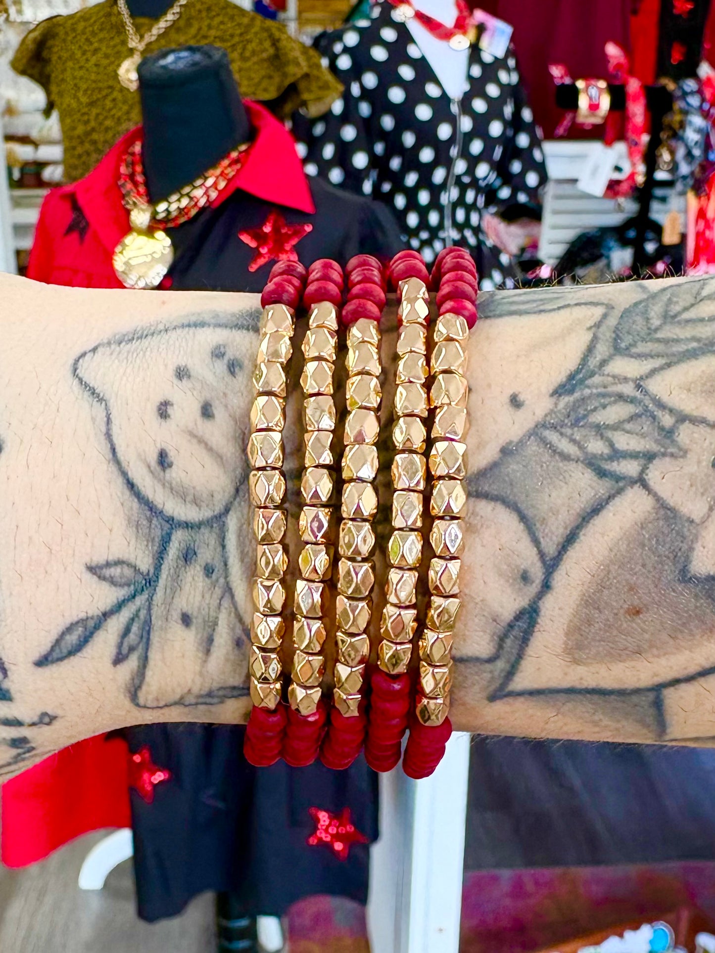 Wooden Red/Gold Beaded Bracelet Set