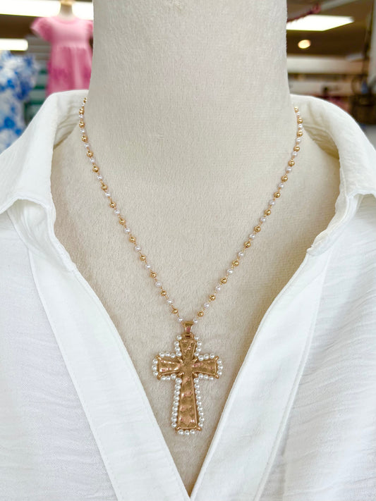 KK Hammered Gold Pearl Cross Necklace