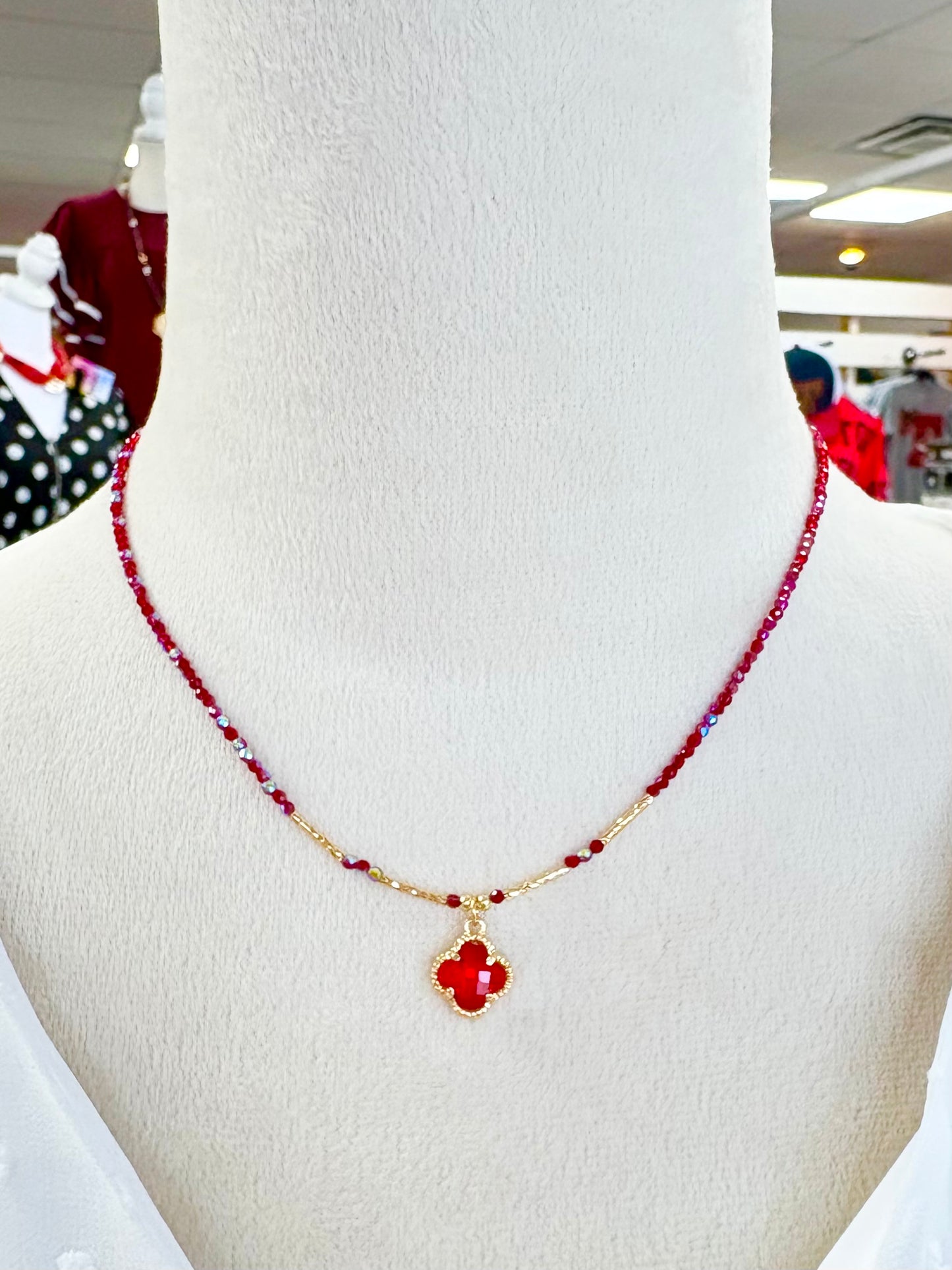 Beaded Red/Matte Gold Clover Necklace