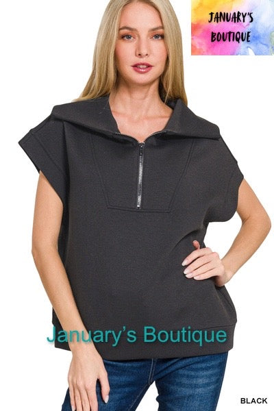 Women’s Ribbed High Neck Half Zip Black Top