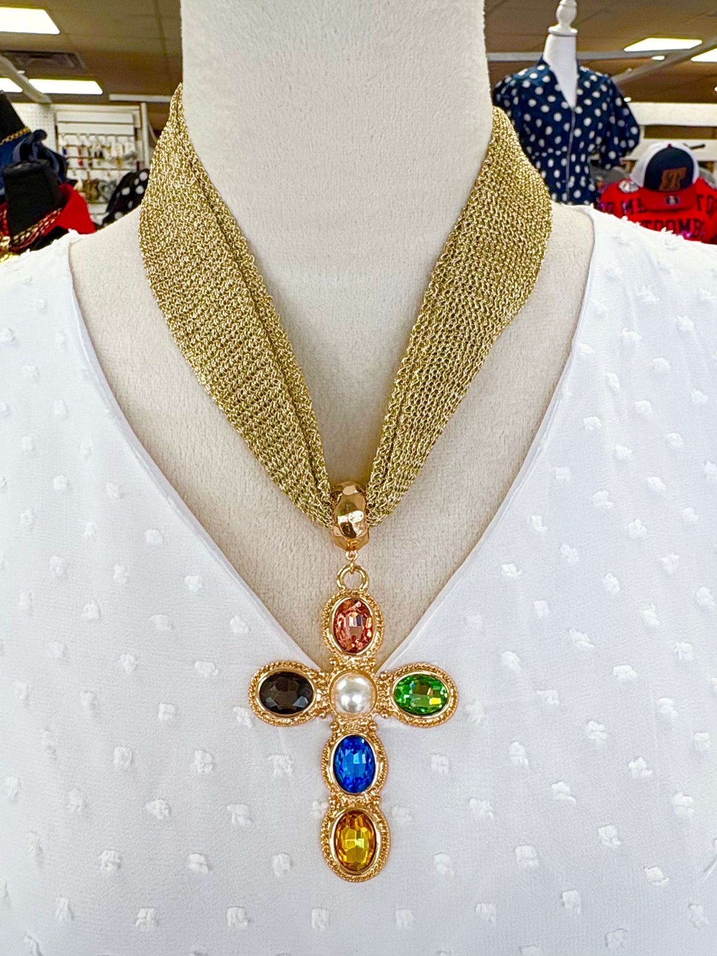 Gold Fabric Multicolor Rhinestone Cross Pendant