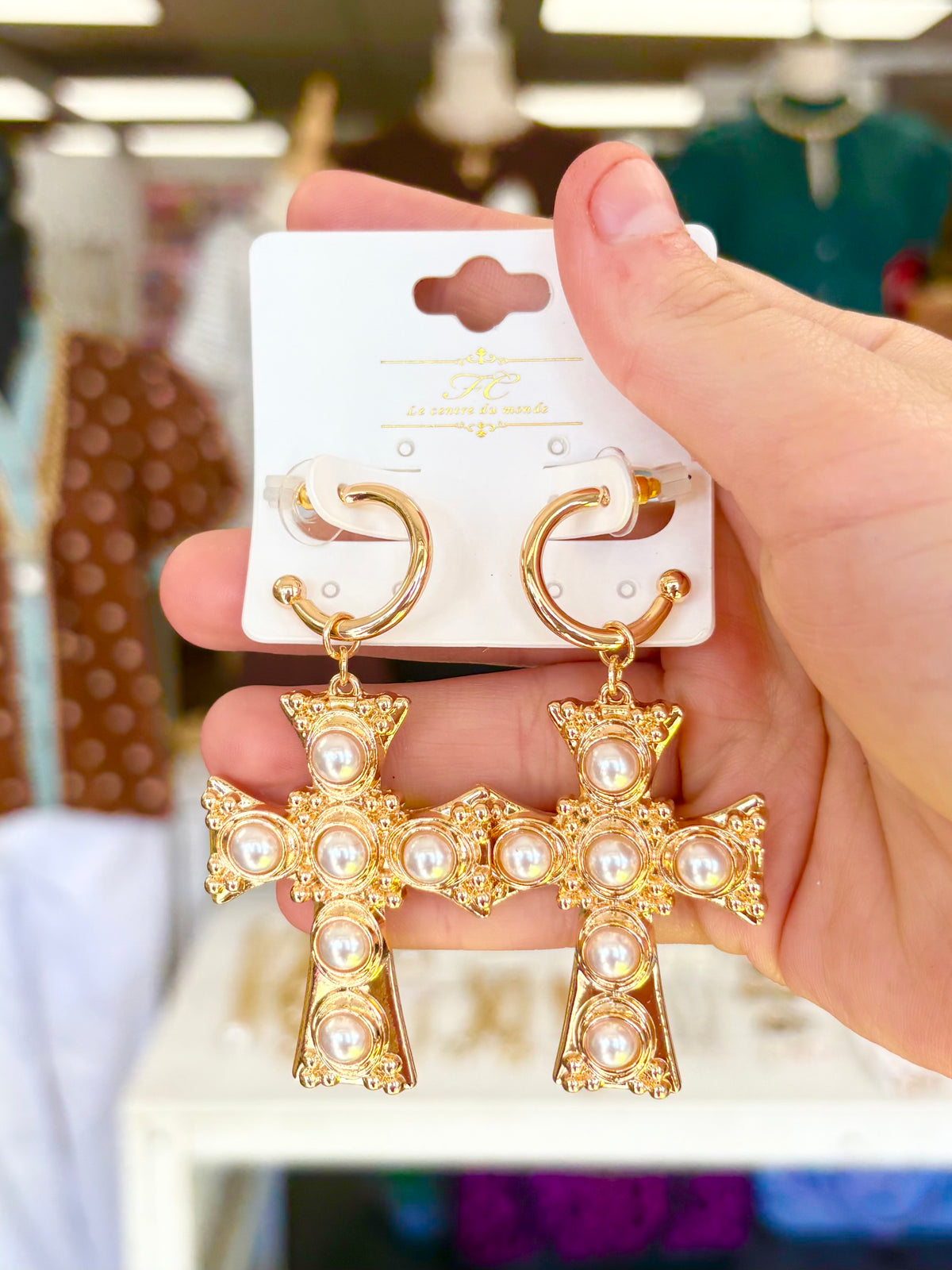 KK Pave Pearl Cross Dangle Earrings