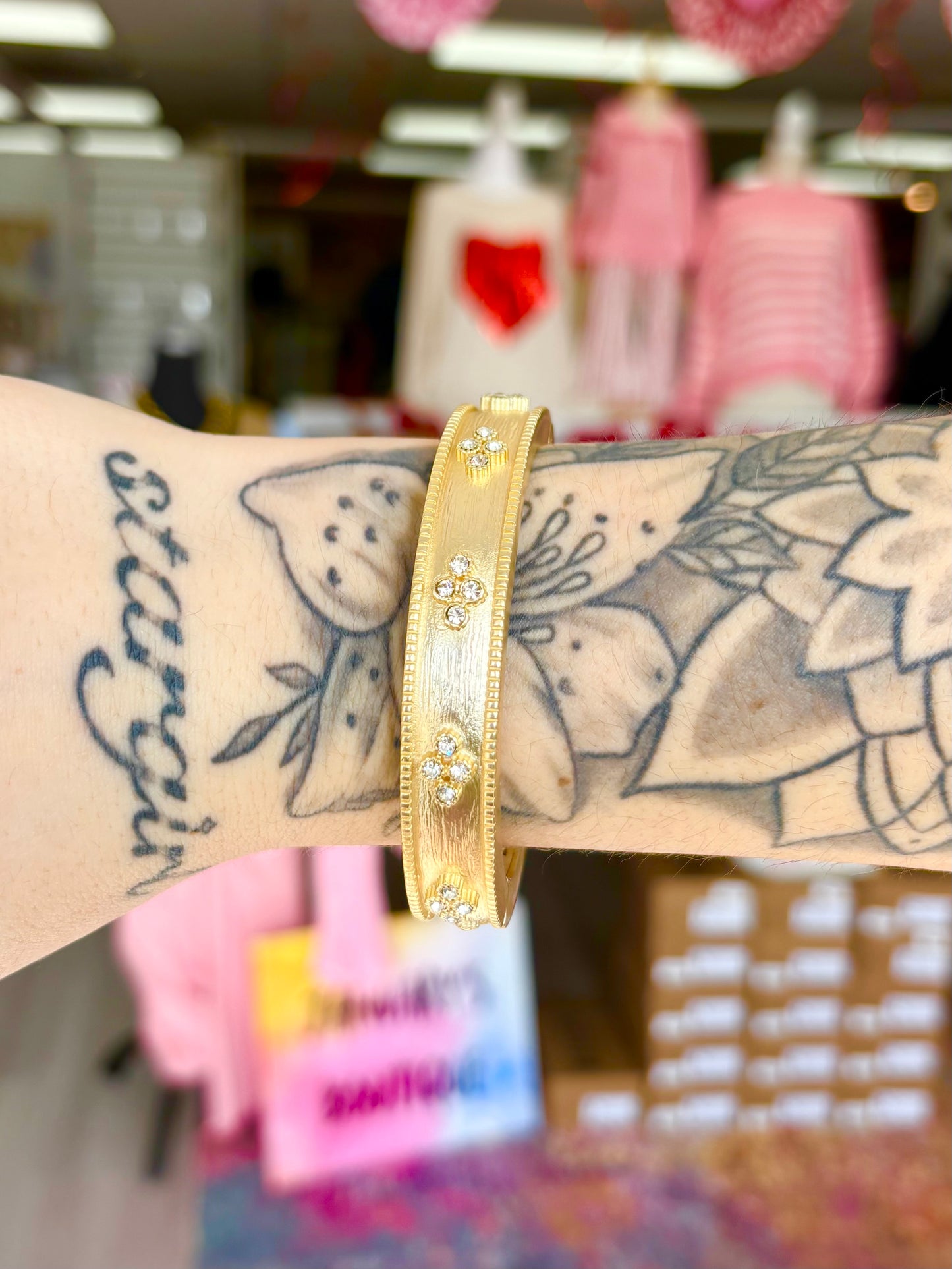 Gold Indented Rhinestone Bangle