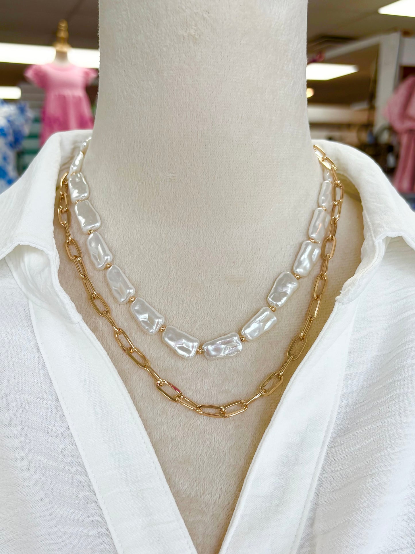 KK Layered Pearl & Gold Chain Necklace