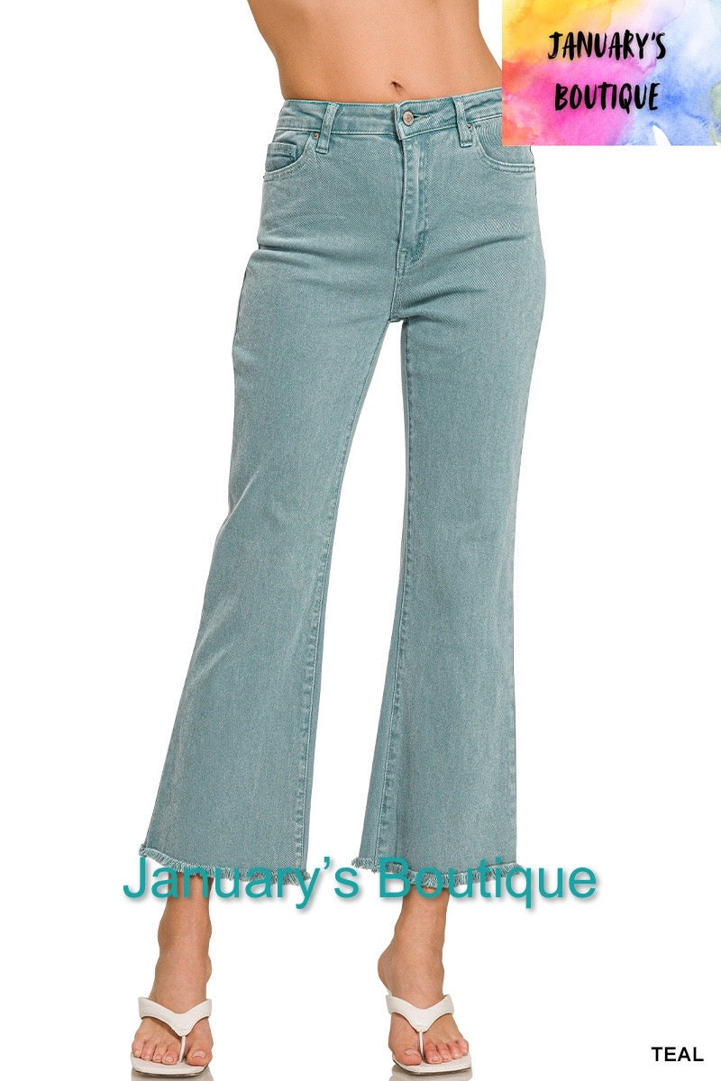 Women’s Teal Acid Washed Frayed Bootcut Pants