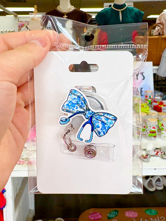 KK Blue Floral Bow Stethoscope Badge Reel