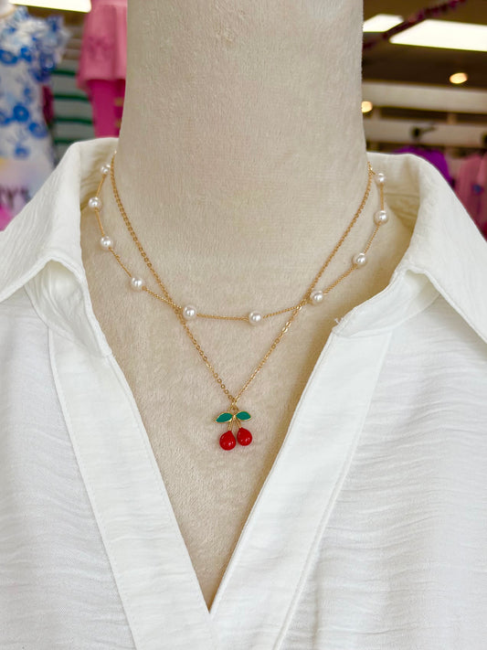 KK Cherry & Pearl Layered Necklace
