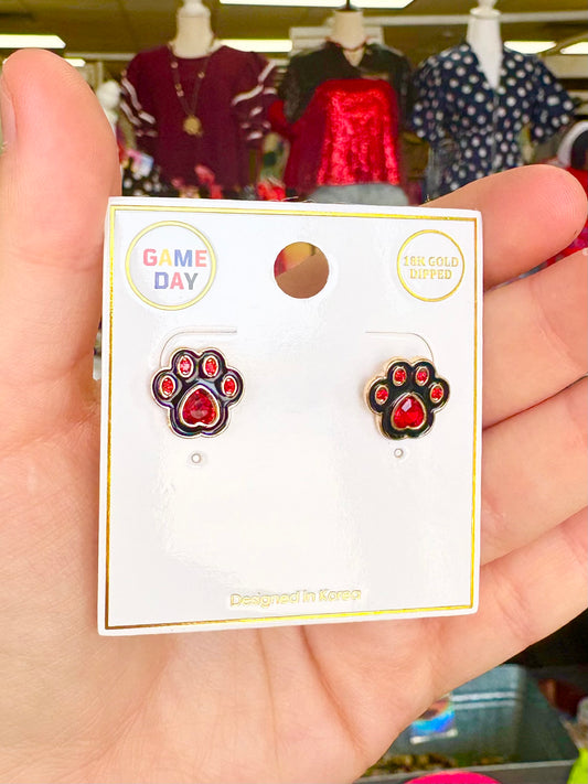 Small Black/Red Rhinestone Paw Stud Earrings