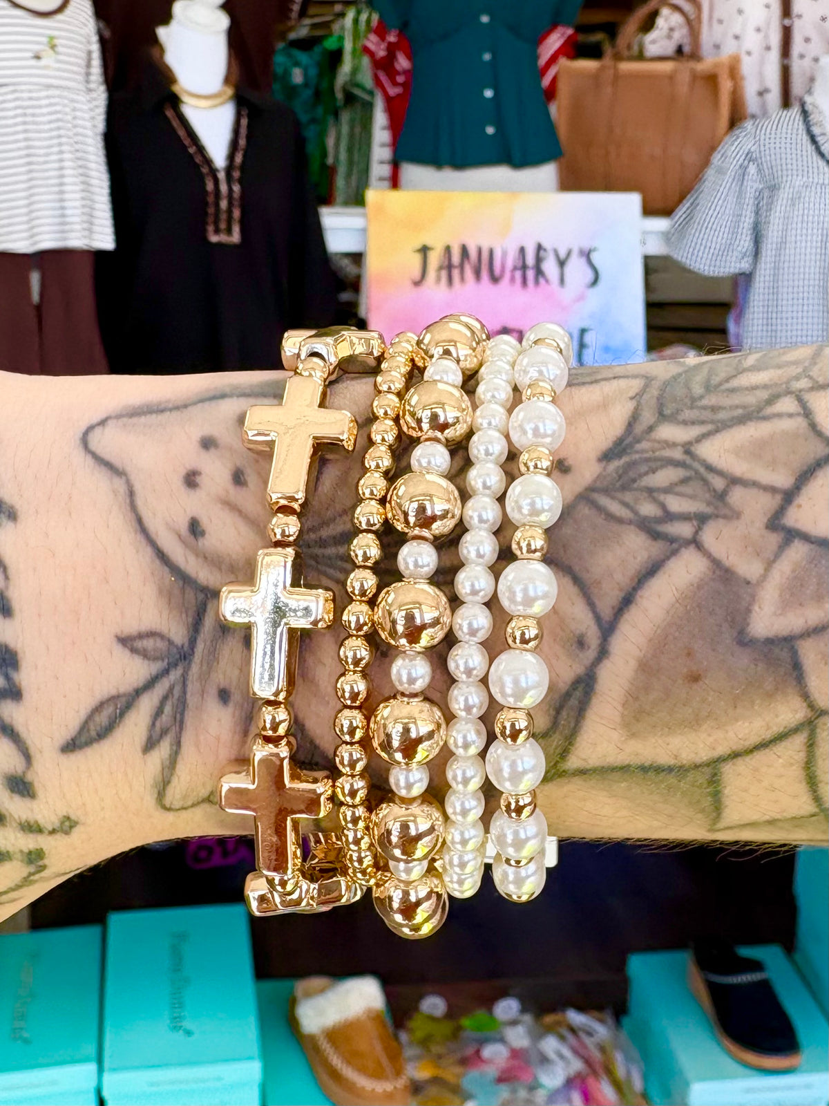 KK 5 Row Cross & Pearl Bracelet