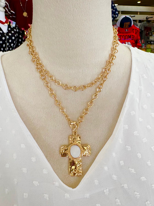 KK Gold Layered Pearl Cross Necklace