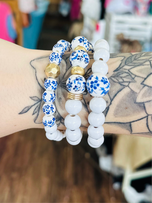 Blue Floral/White Bracelet Set