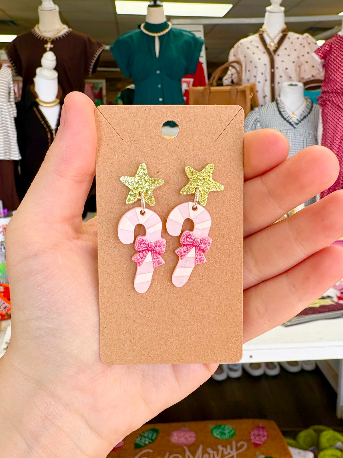 KK Christmas Pink Bow Candy Cane Earrings