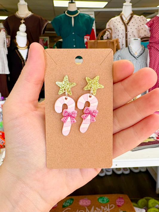 KK Christmas Pink Bow Candy Cane Earrings