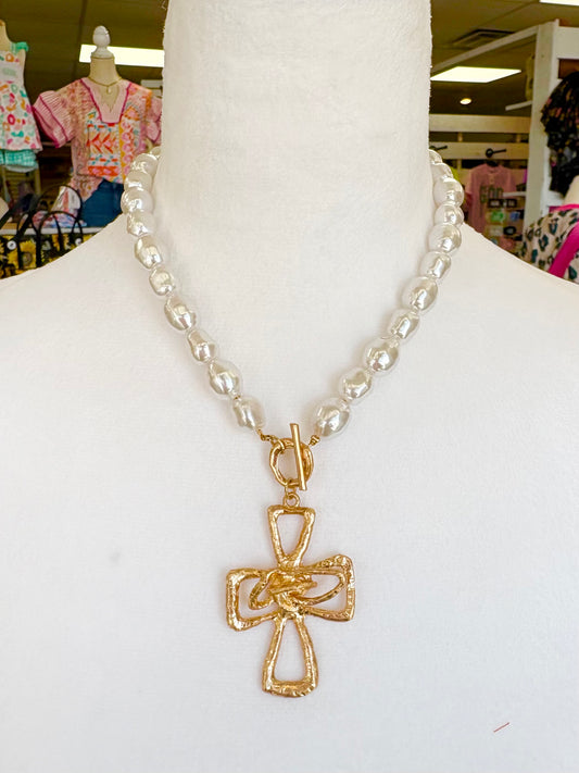 KK Cross Pearl Beaded Necklace