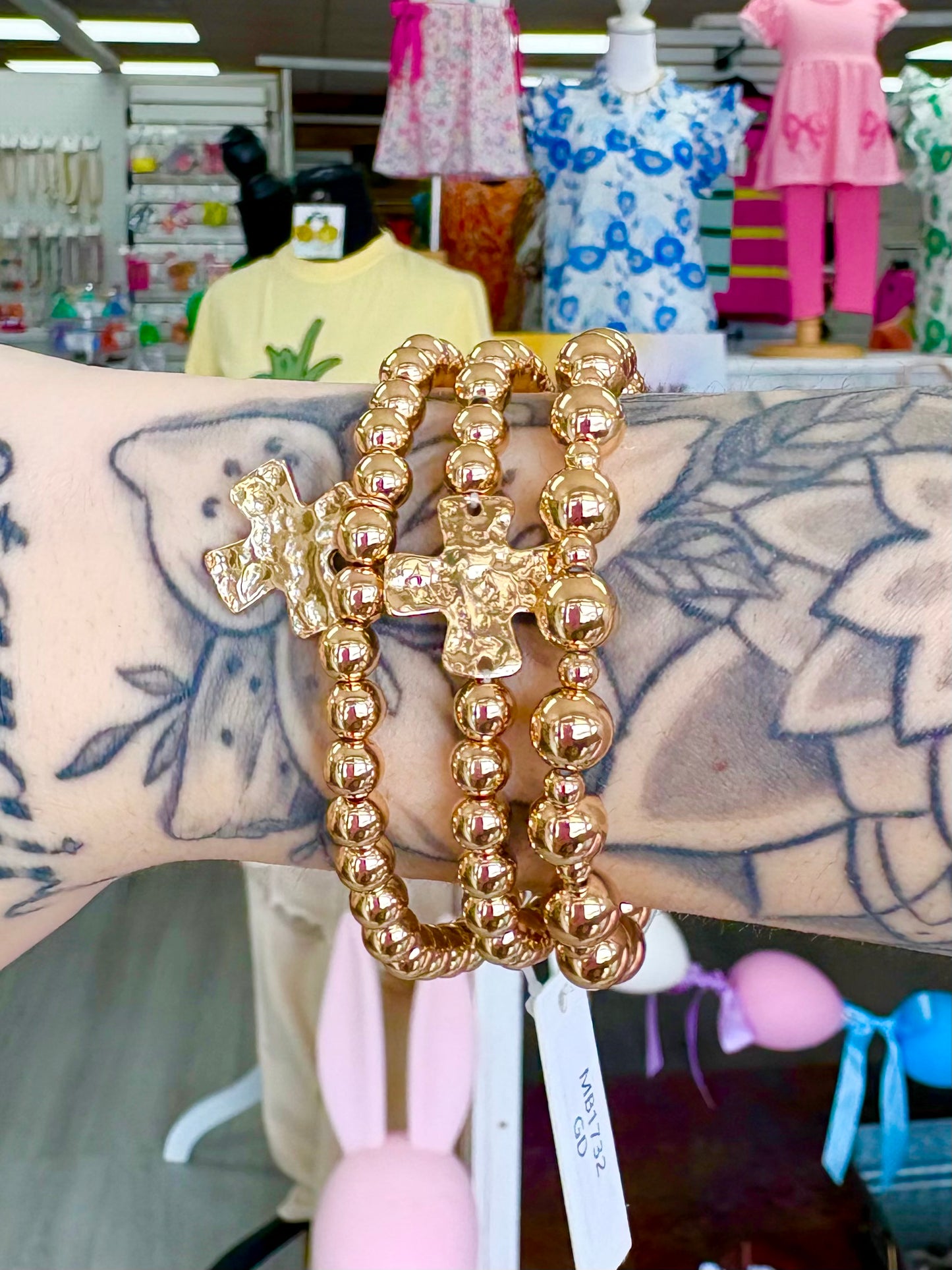 KK Gold Hammered Cross Bracelet Set