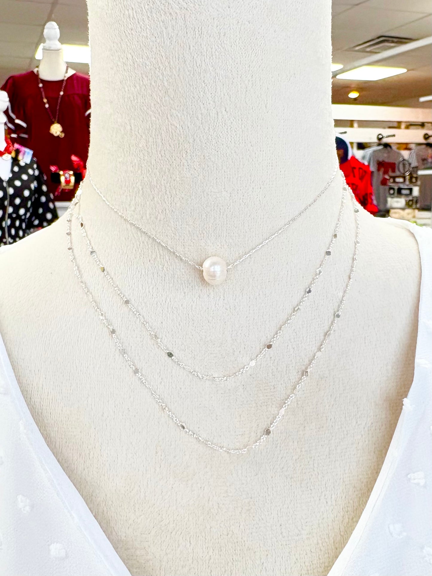 Layered Silver Dainty Pearl Necklace