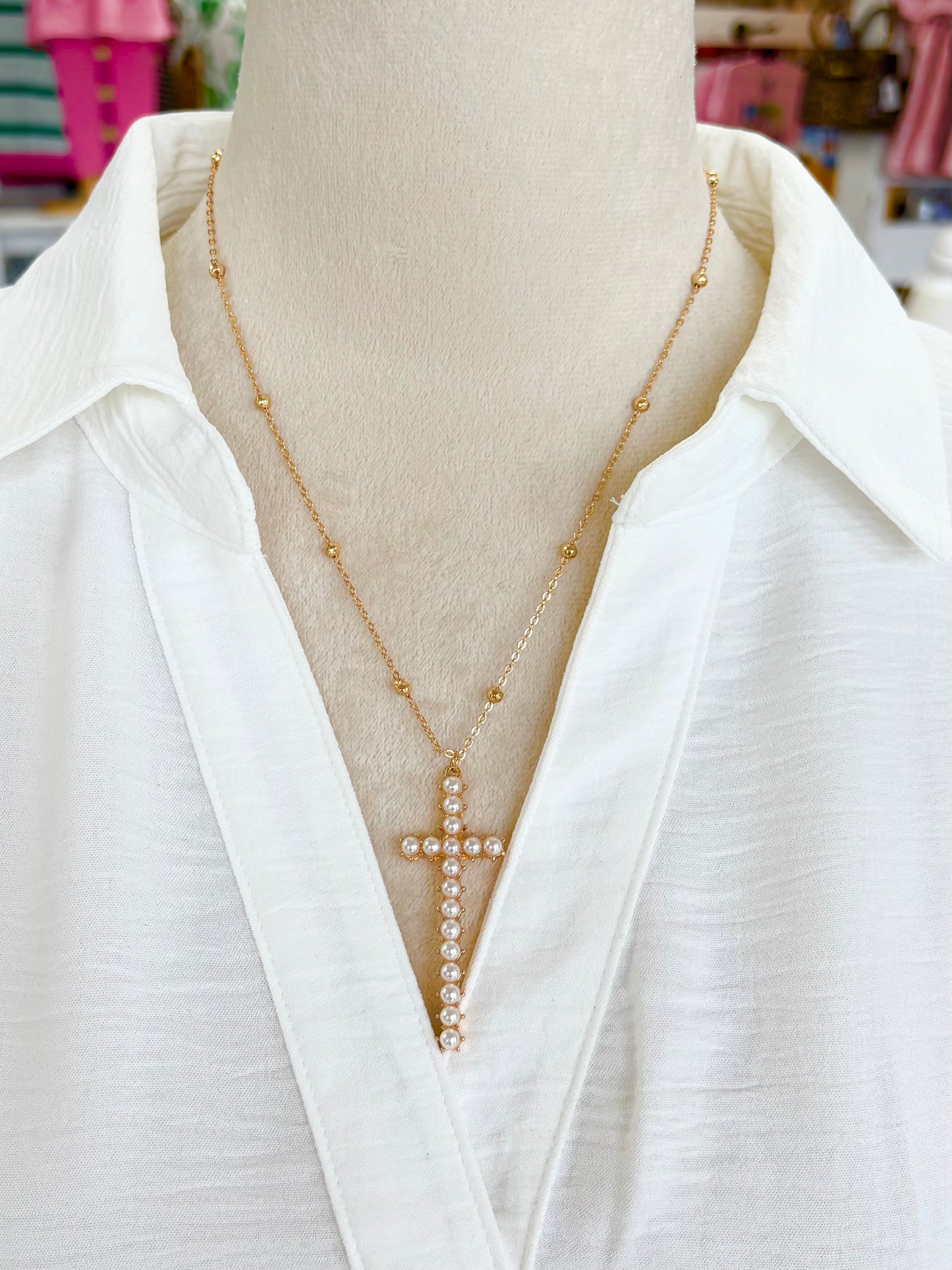 KK Pearl Cross Beaded Necklace