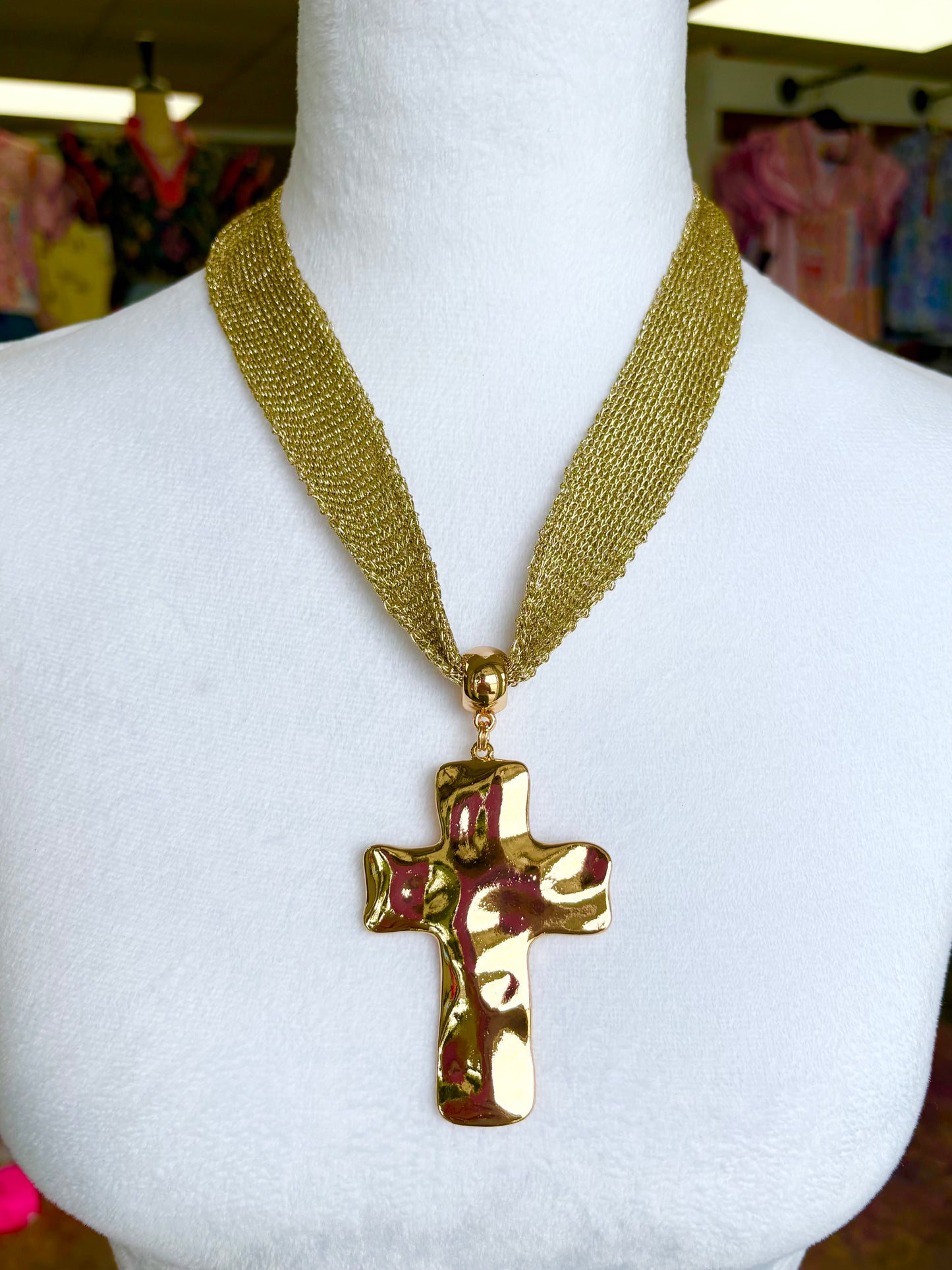 Shiny Gold Fabric Cross Necklace