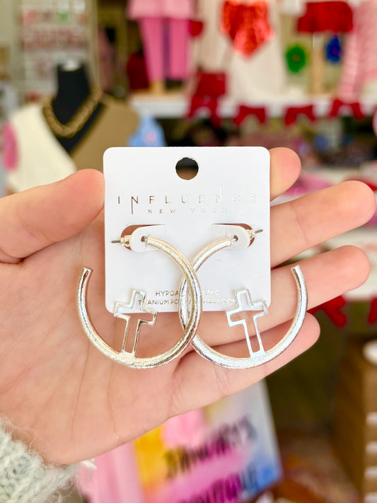 Matte Silver Cross Outline Hoops
