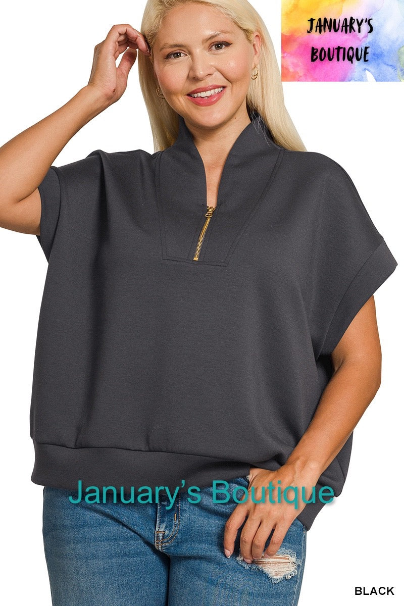 Women’s Plus High Neck Half Zip Black Top
