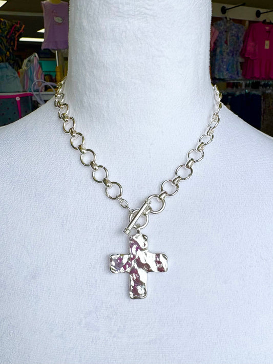 Matte Silver Hammered Cross Chain Necklace
