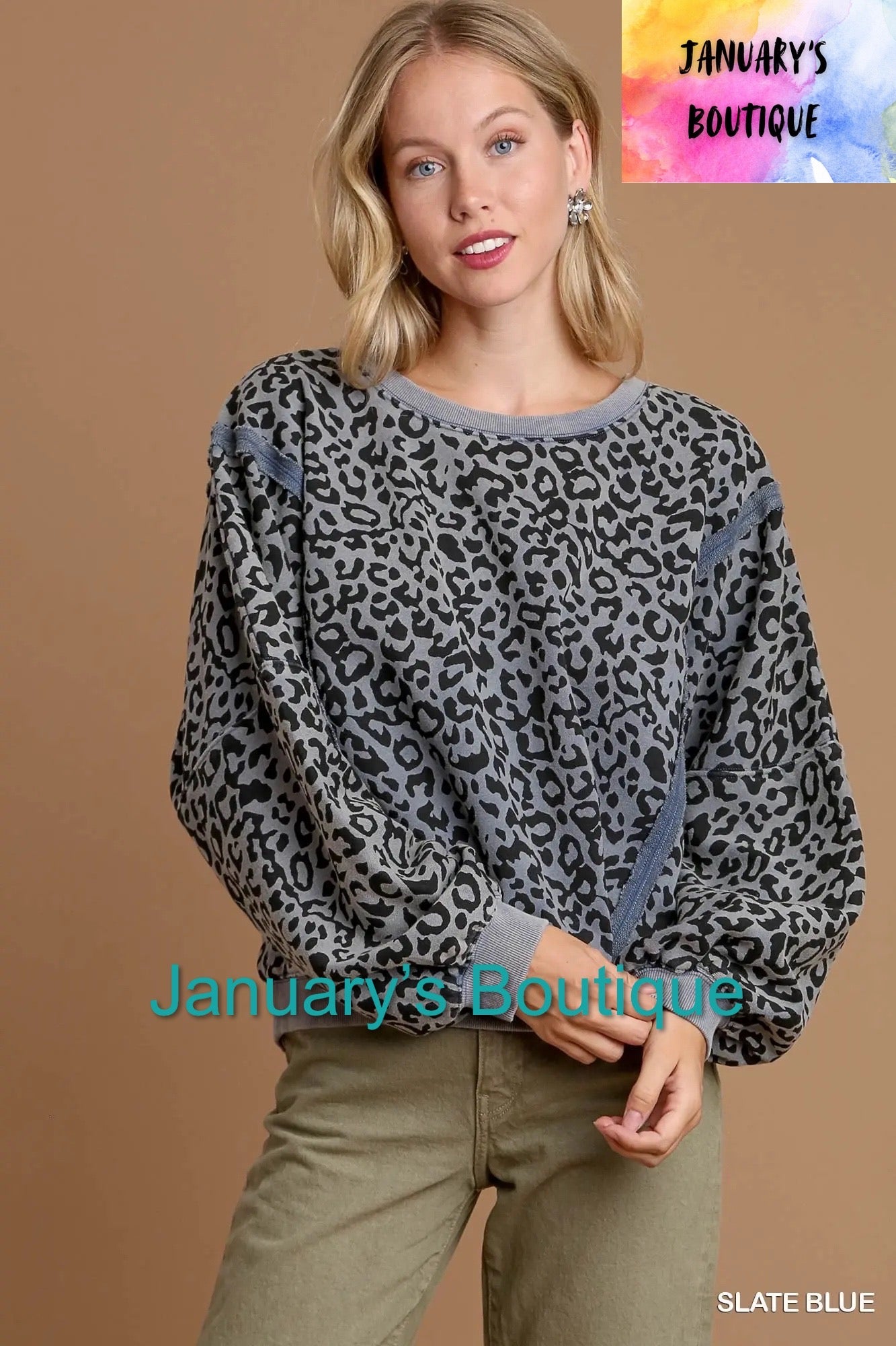 Slate Blue Leopard French Terry Top