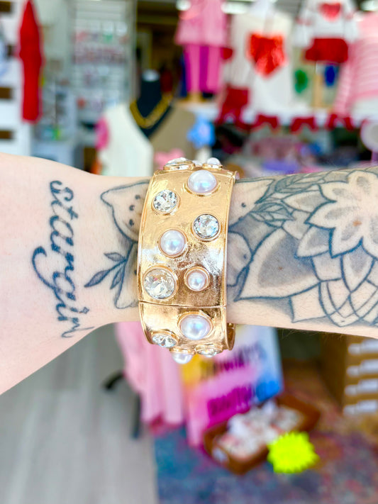 Gold Pearl & Rhinestone Bangle