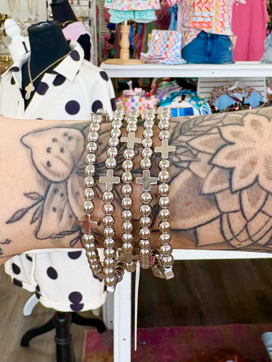 KK Polished Silver Cross Beaded Bracelet Set