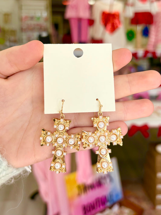 Detailed Pearl Cross Earrings