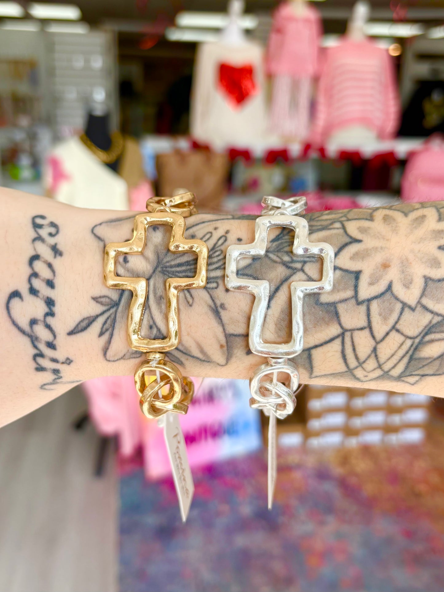 Hammered Cross Chain Bracelet