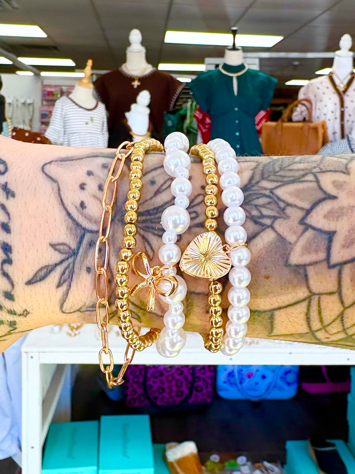 KK 5 Row Pearl & Bow Charm Bracelet