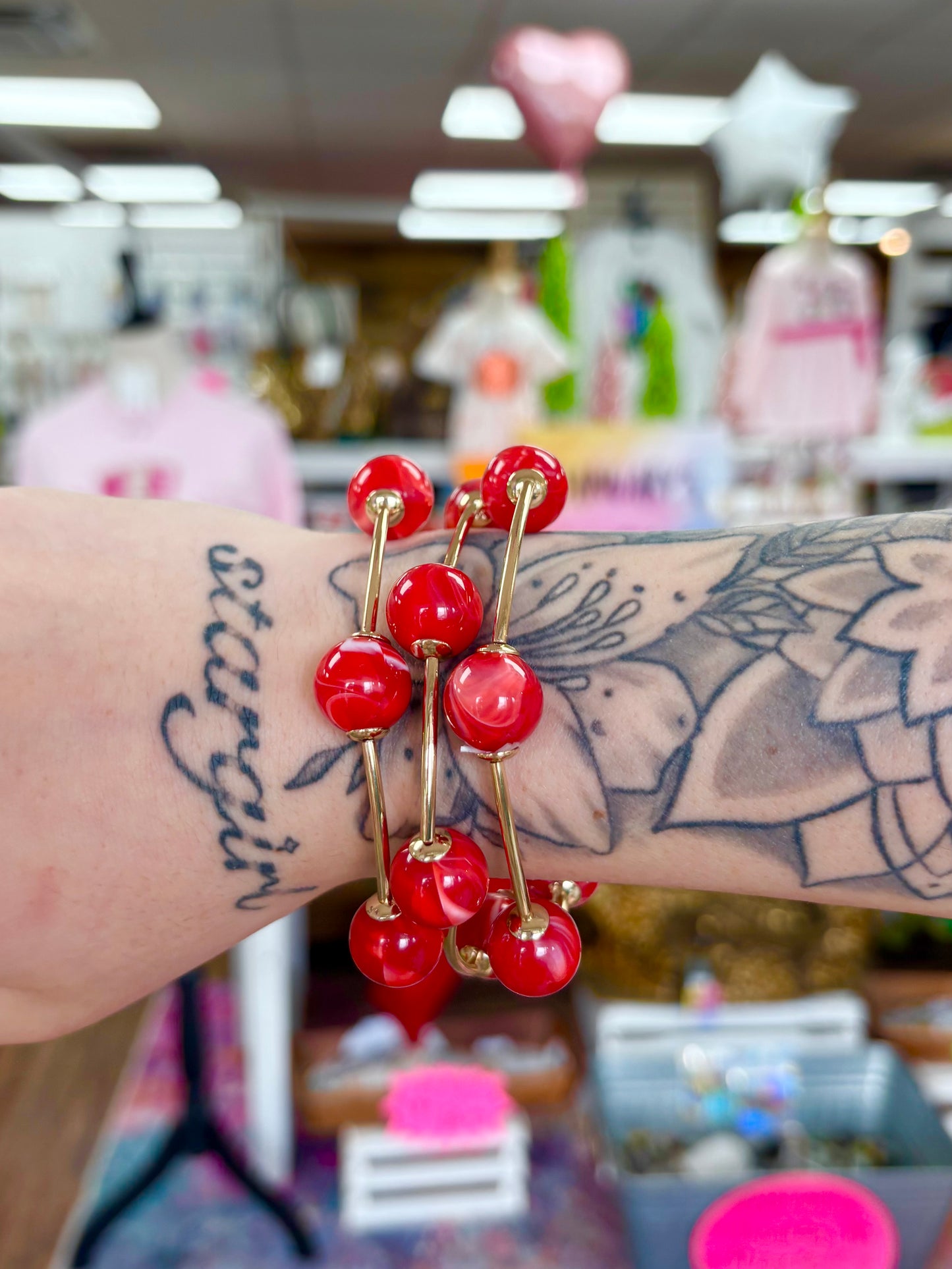 Gold Red Beaded Accent Bracelets