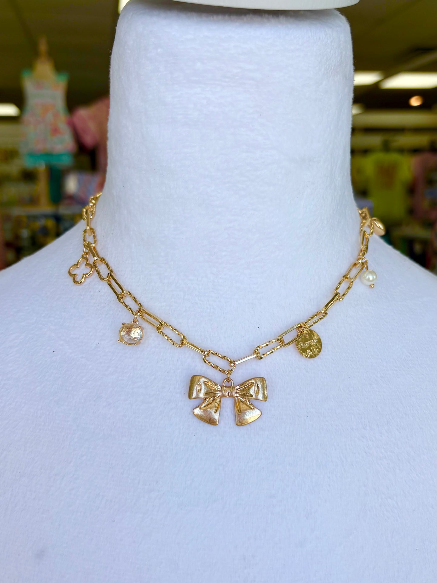 Gold Bow Charm Necklace