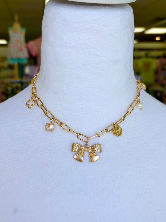 Gold Bow Charm Necklace