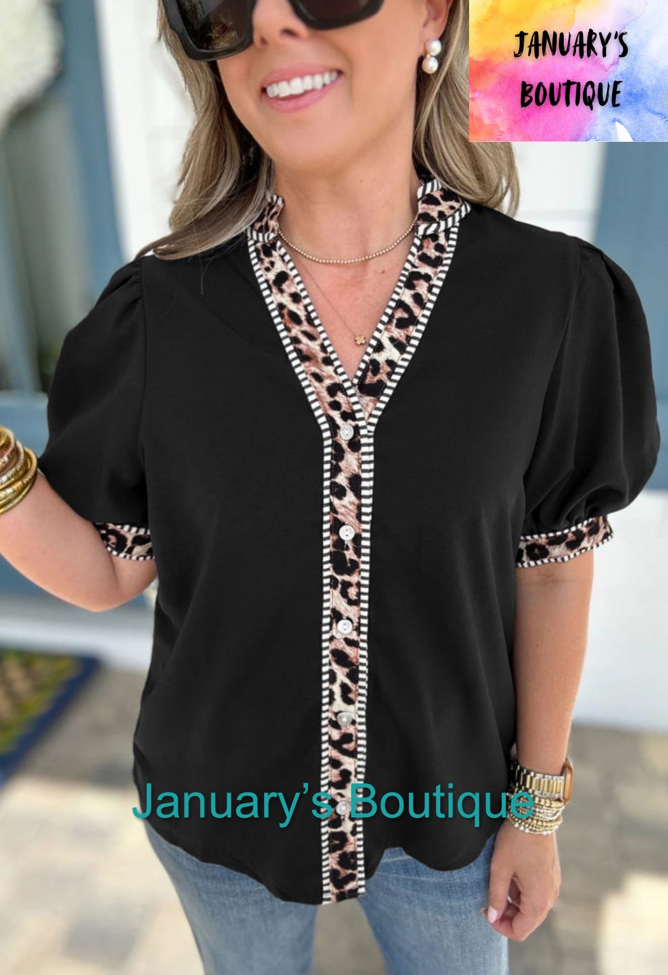 Women’s Black V-neck Leopard Top