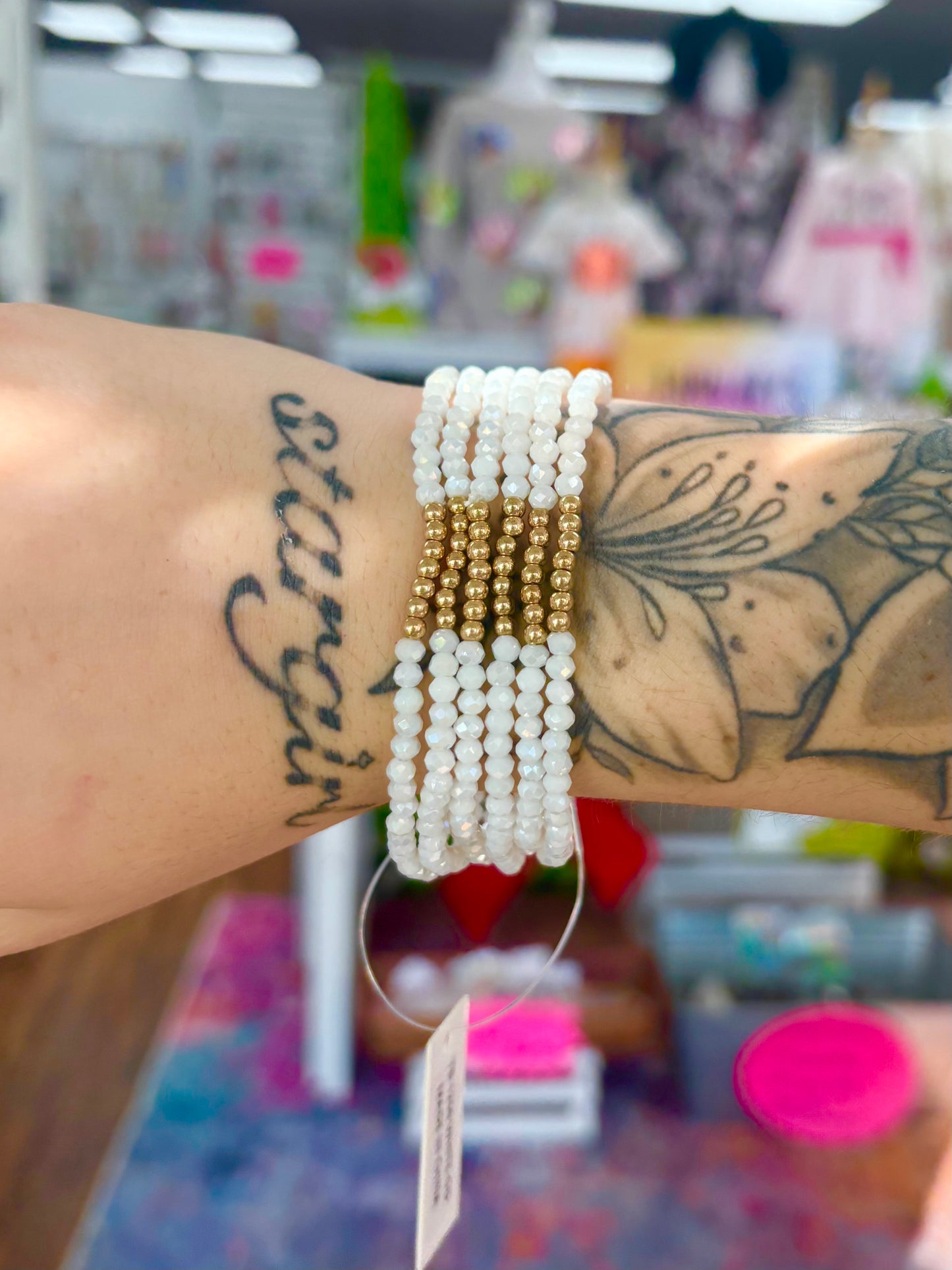 KK White W/Gold Beaded Bracelets