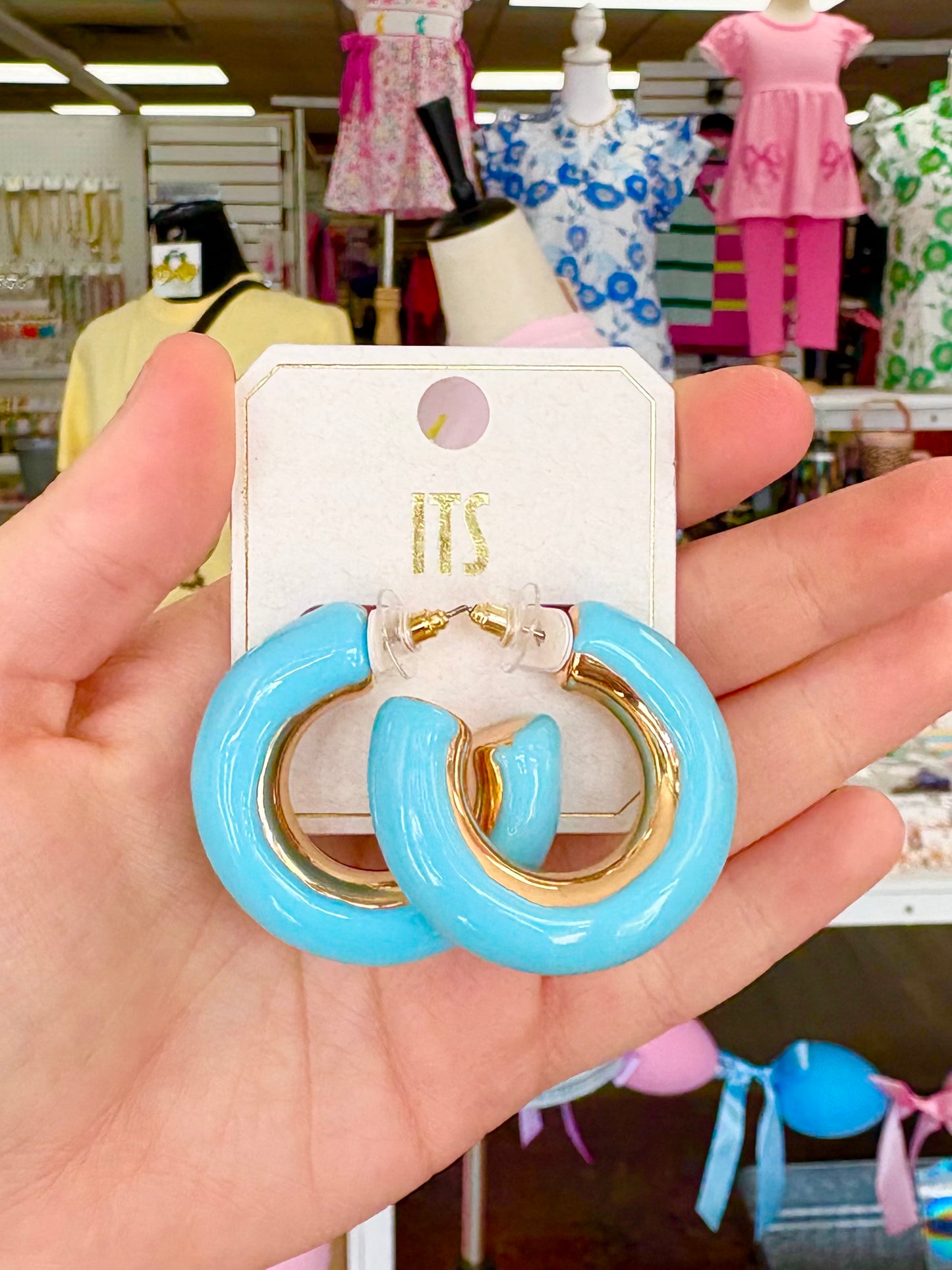 Gold Light Blue Puffy Hoops