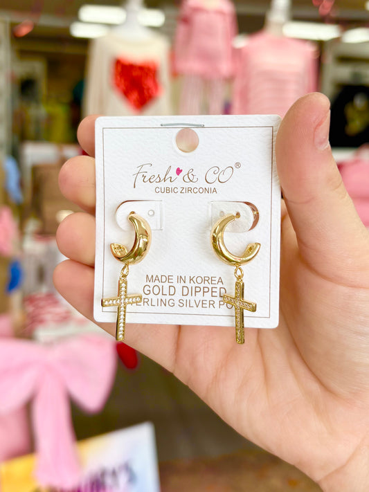 KK Gold Diamond Cross Hoop Earrings