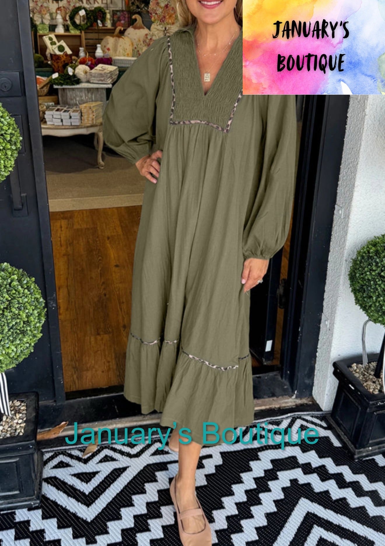 Women’s Olive Smocked Neck Dress