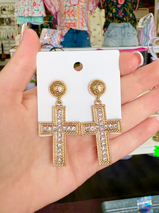 KK Elegant Gold/Rhinestone Cross Earrings