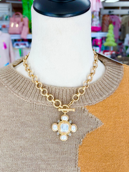 Matte Gold Pearl/Stone Cross Necklace