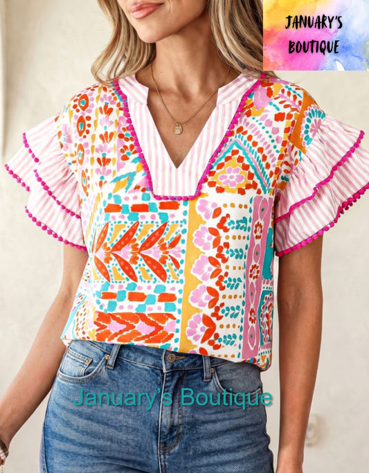 Women’s Pink Patterned & Ruffled Top