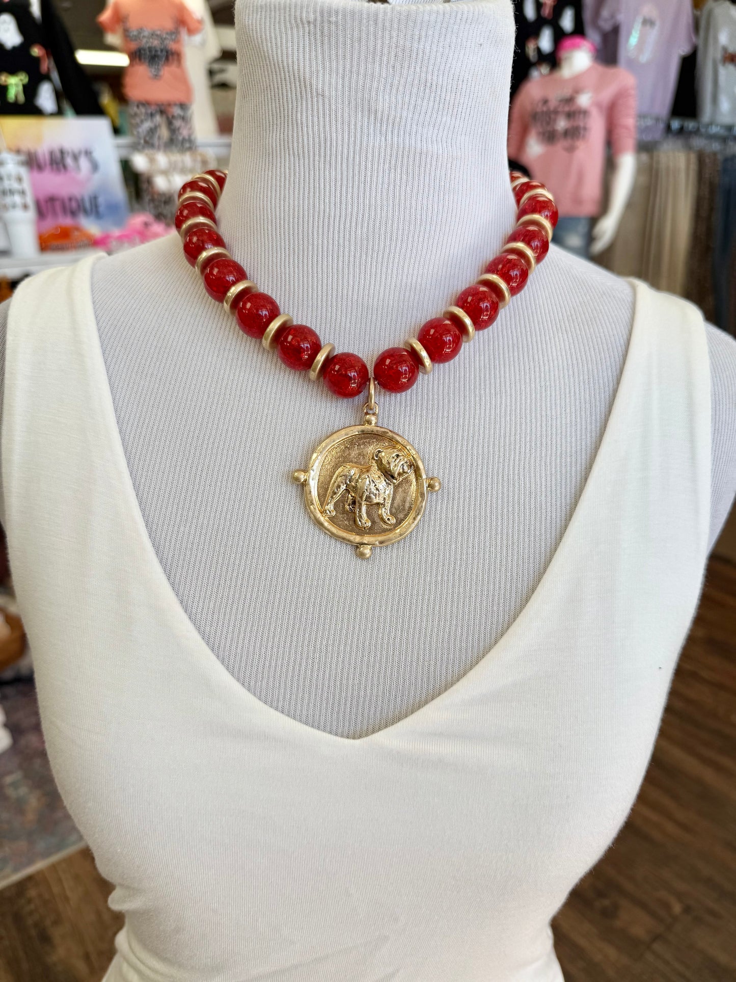 GA Bulldog Face Pendant Red Beaded Necklace