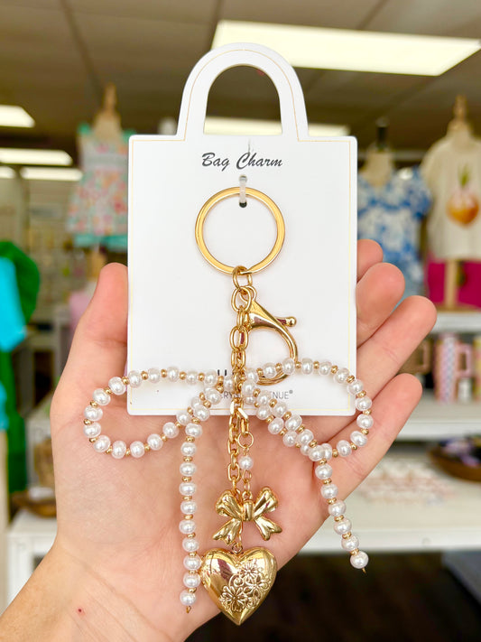 KK Pearl Bow & Heart Bag Charm